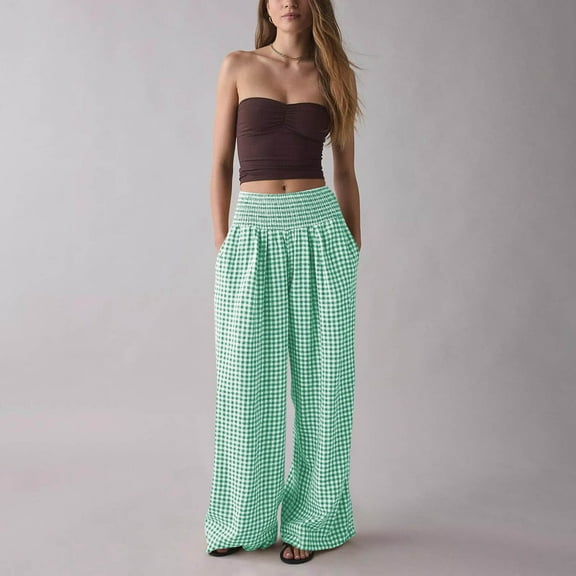 qolati Wide Leg Pants Woman Plaid Color Block Palazzo Pants Elastic High Waisted Fall Lounge Stretch Casual Flowy Pajamas Trousers with Pockets Green XXL