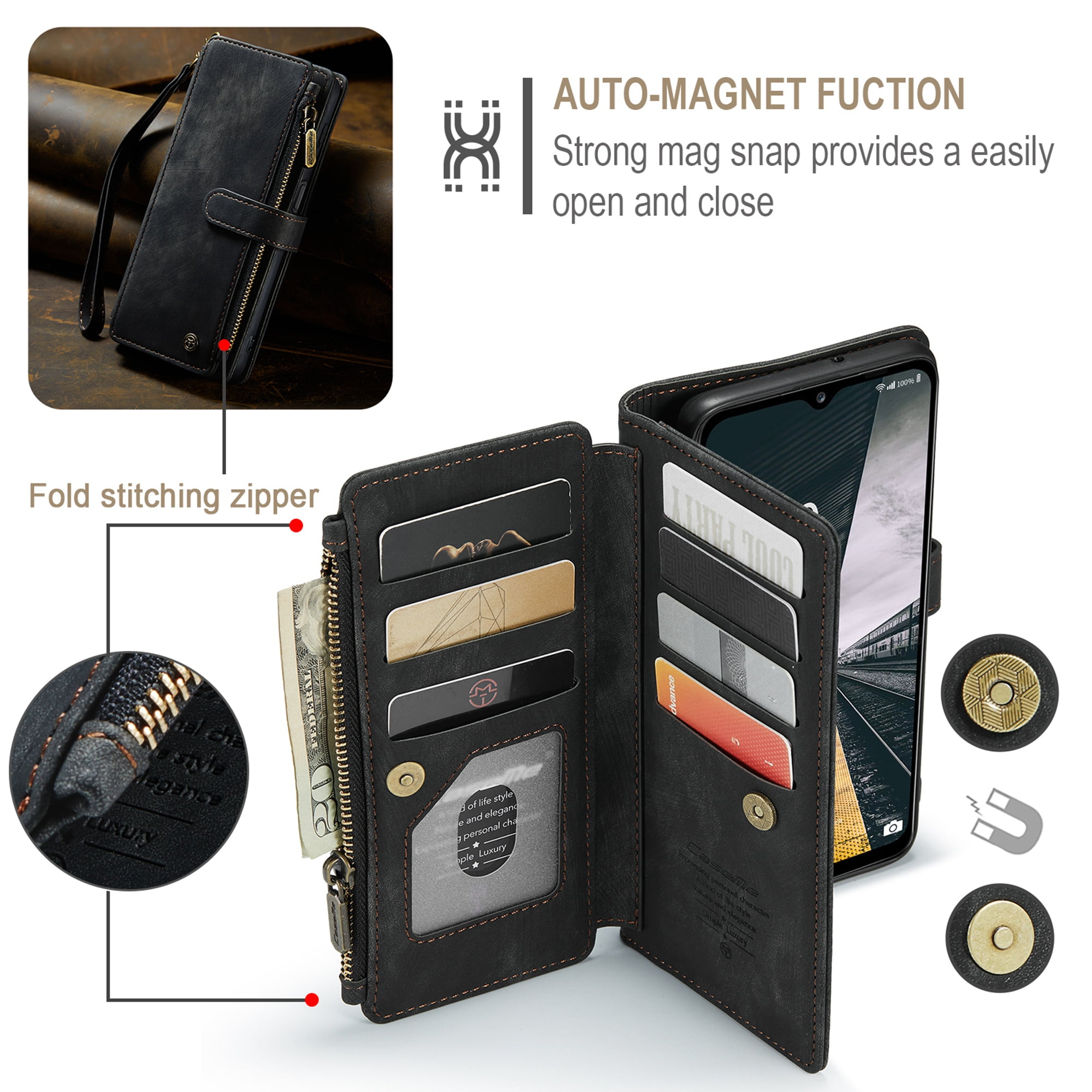 K-Lion for Samsung Galaxy S22 Case, Galaxy S22 Case Wallet for Women Men, Durable PU Leather Magnetic Wallet Flip Lanyard Strap Wristlet Zipper Card Holder Phone Case for Samsung S22,Black