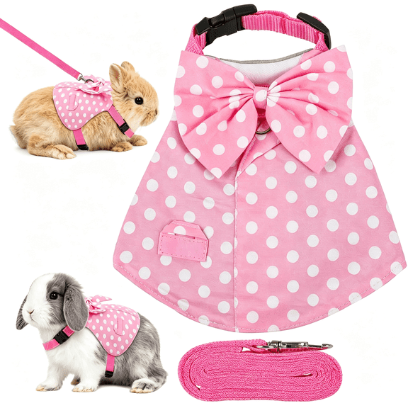 GASTROPOD Lightweight Bunny Harness and Leash Set with Pink Polka Dot,Bunny Harness Escape Proof Breathable Suit Style Bunny Clothes for Rabbits for Small Pets Outdoor Walking Camping Size M