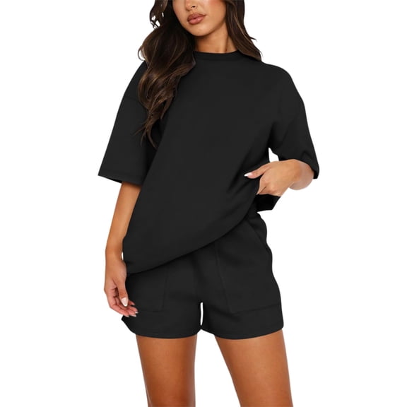 BODOAO Women's Oversized 2 Piece Lounge Set Short Sleeve Drop Shoulder T Shirt and High Waist Pocket Shorts Matching Outfit Casual Soft Sweatsuit Set Black L