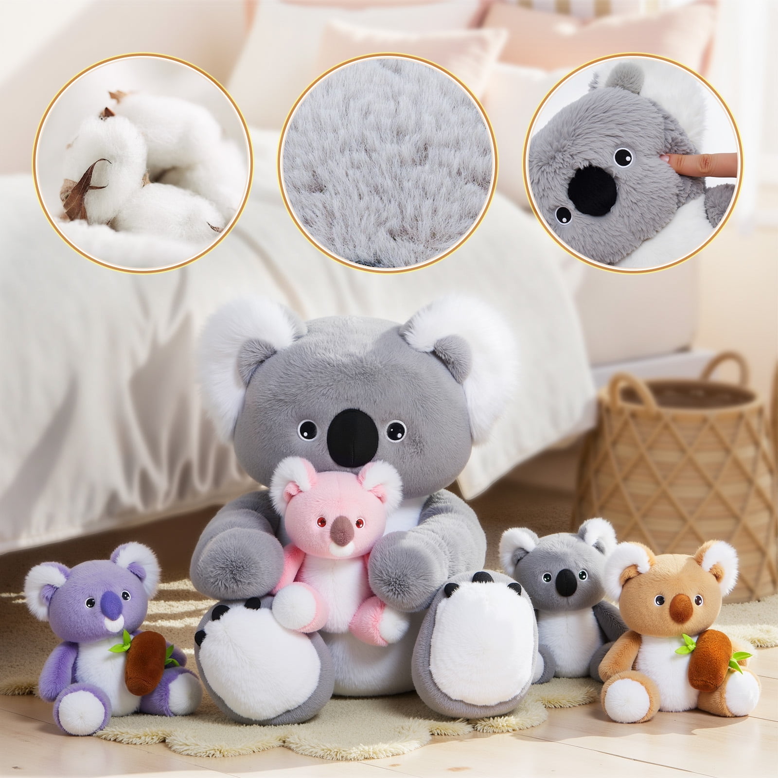 OUOZZZ 5Pcs Koala Stuffed Animal, 12" Koala Plush with 4 Babies inside, Koala Soft Plush Pillow Toys