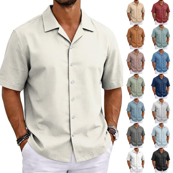 Mens Shirts Cotton Blended Hawaiian Shirts Short Sleeve Button Down Shirt Casual Summer Beach Tops