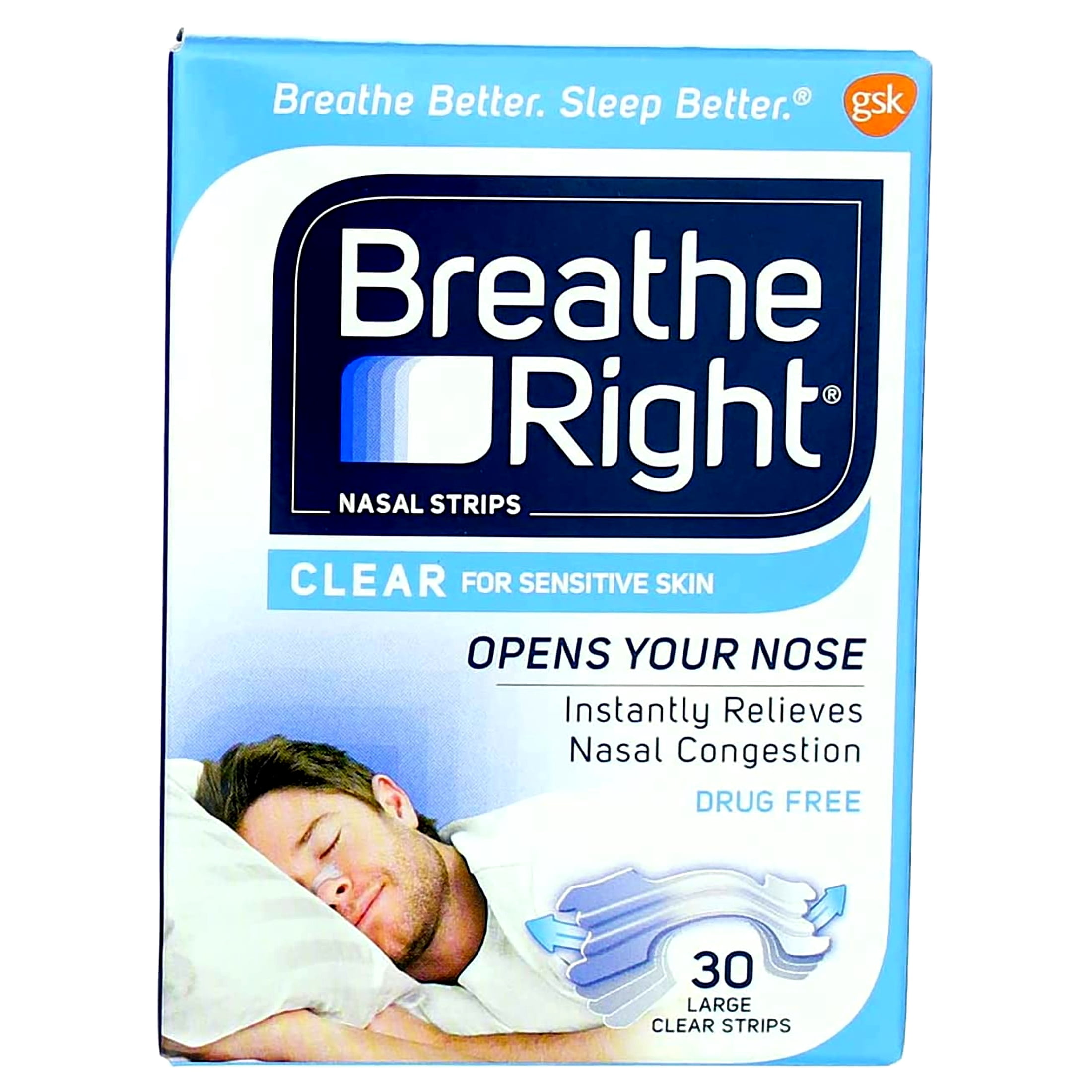 Breathe Right Nasal Strips Clear Large, 30 Drug-Free Strips for Sensitive Skin (pack of 2)