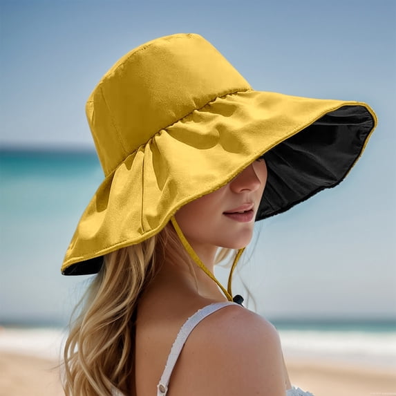 AJGRHE Women Summer Rain UV UPF 50 Sun Protection Wide Brim Hat - Foldable Bucket Sun Hat Yellow One Size