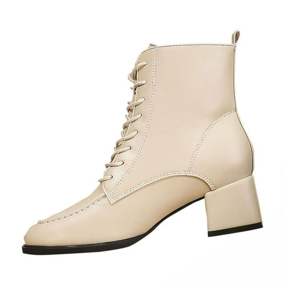 Beige Ladies Square Toe Ankle Boots Front Lace Up Chunky Heel Mid Heel Solid Color Casual Winter Footwear