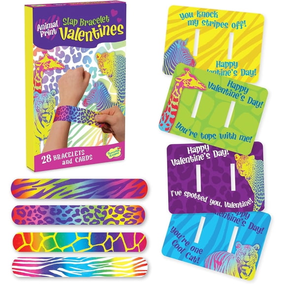 Peaceable Kingdom Animal Print Slap Bracelets with Valentine's Day Card for 28