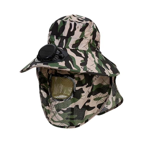 Outdoor Camo Solar Fan Sun Hat for Men Women Wide Brim UV Protection Fishing Cap with Large Solar Powered Cooling Fan Full Face Neck Cover Safari Boonie Hat for Hiking Camping and Gardening Gear