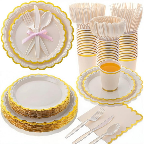 350 Pcs White Plates and Napkins Party Supplies for 50 Guests Wedding Disposable Tableware Include Scalloped Plates Paper Napkin Cup Spoon Fork Knife for Wedding, Birthday