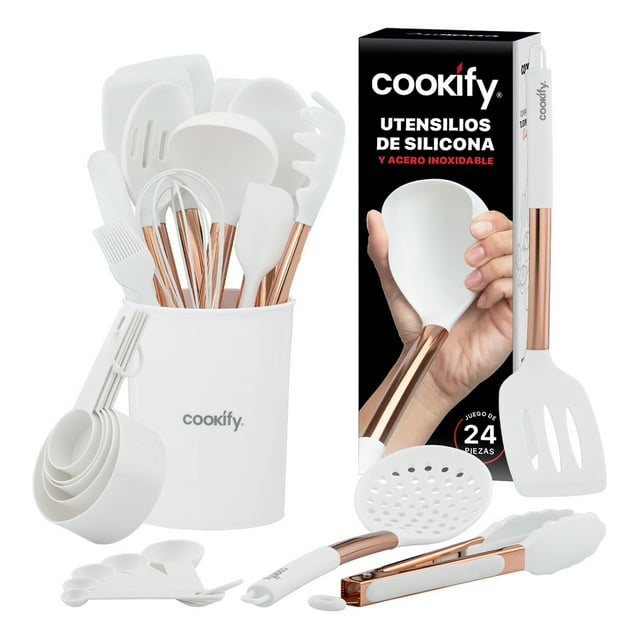 Juego de Utensilios de Cocina Silicona y Acero Inoxidable, 24 pzas (Blanco/Oro Rosa)