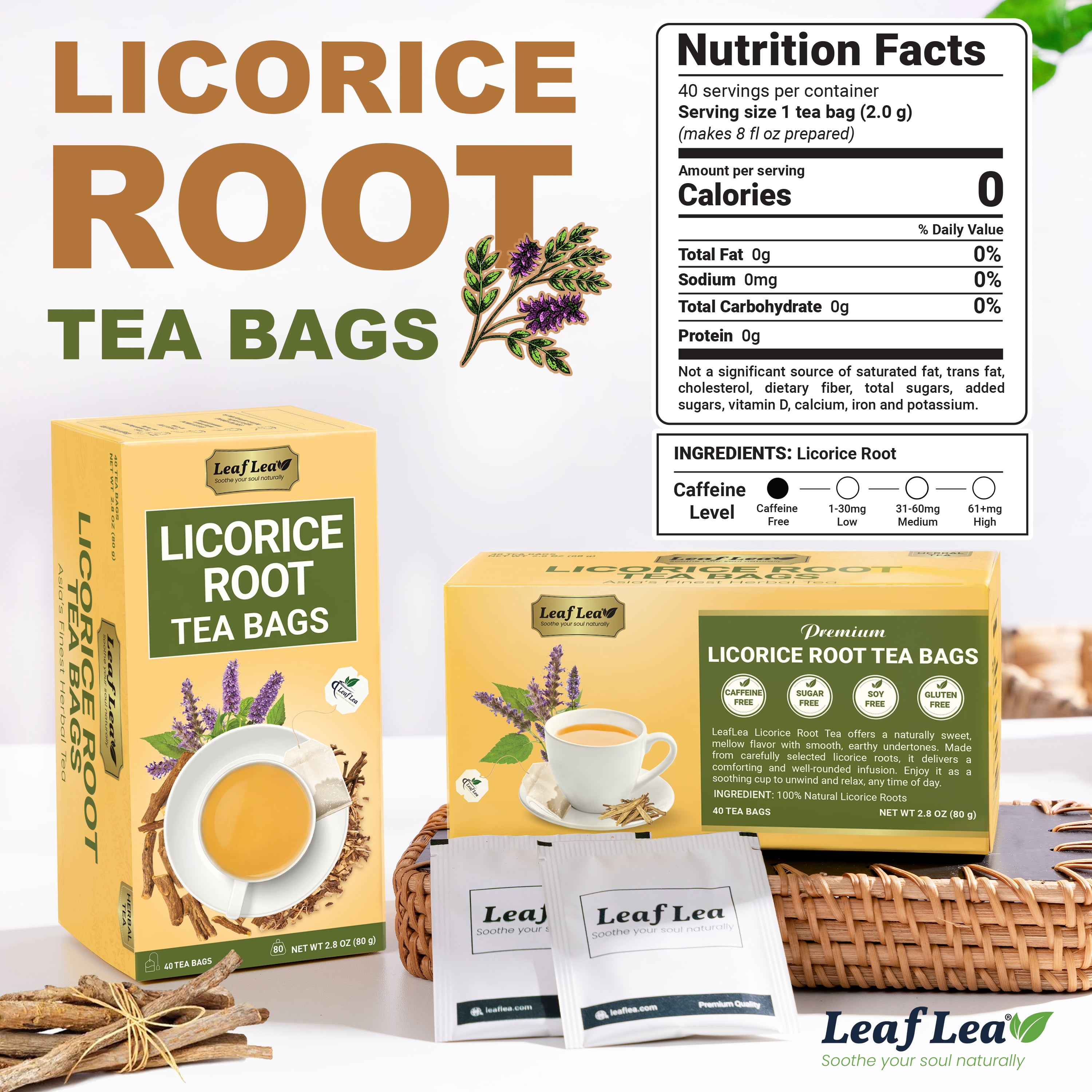 LeafLea Licorice Root Tea Bags, 40 ct, Herbal Infusion - Walmart.com