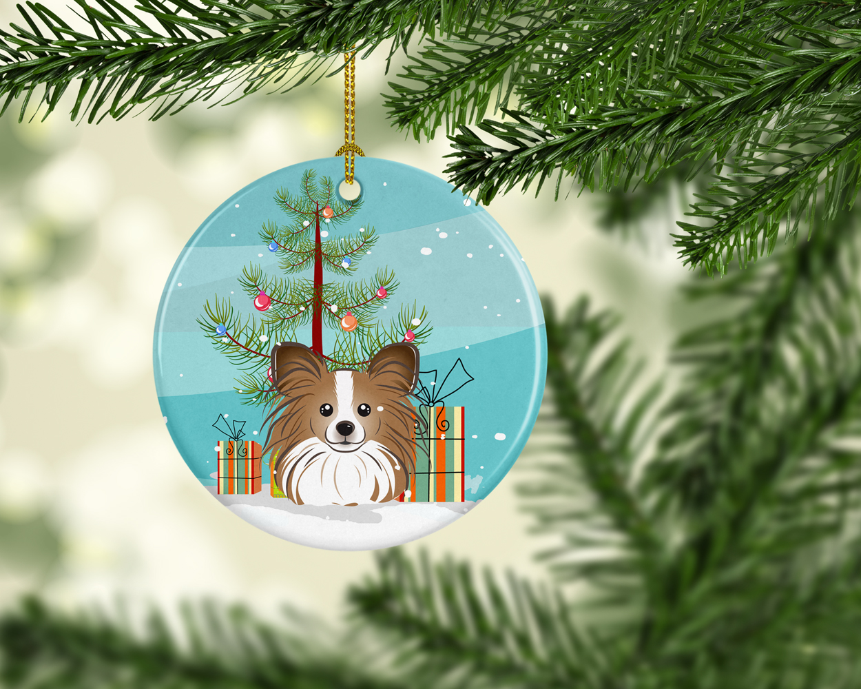 Christmas Tree and Papillon Ceramic Ornament