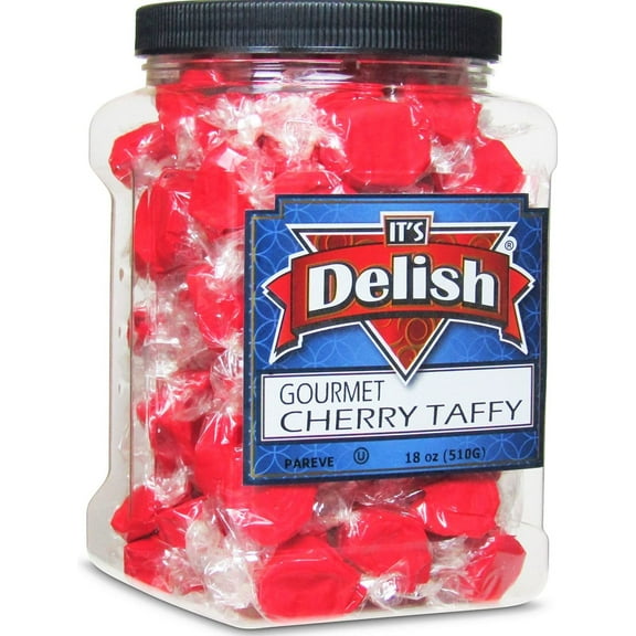Cherry Red Taffy Chews by It's Delish, 18 Oz Jumbo Container - Individually Wrapped Gourmet Soft Fluff Taffy - Great Candy for Red Themed Parties, USA Made