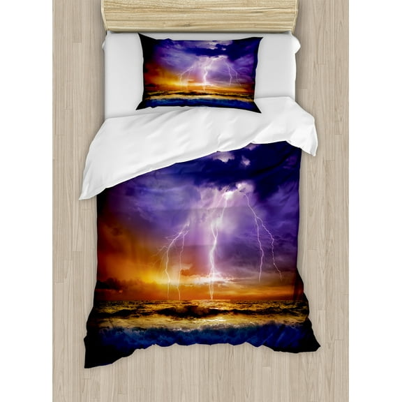 Nature Duvet Cover Set, Epic Thunder and the Storm on the Sea Wave Horizon Bad Weather Atmosphere, Decorative 2 Piece Bedding Set with 1 Pillow Shams, Twin Size, Purple and Orange, by Ambesonne