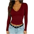 thumbnail image 2 of Uootdi Cropped Long Sleeve Shirts for Women V Neck Stretchy Slim Fit Going Out Tops Lightweight Plain Pullover Basic Y2K Tops Gift, 2 of 9
