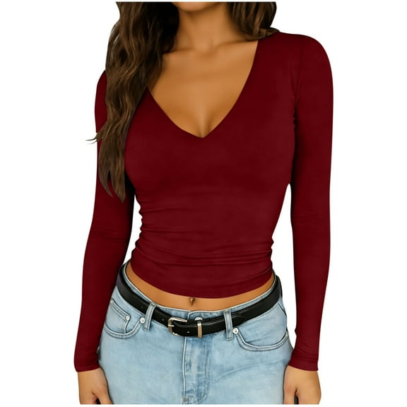 DxhmoneyHX Womens Long Sleeve Crop Tops Casual V Neck Going Out Low Cut Blouse Double Lined Slim Fitted Basic Tee