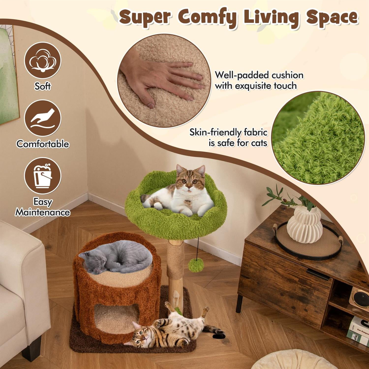 Pefilos Multifunctional Cat Tree, Scratching Posts & Top Perch, Cozy Condo & Hanging Toy, Brown