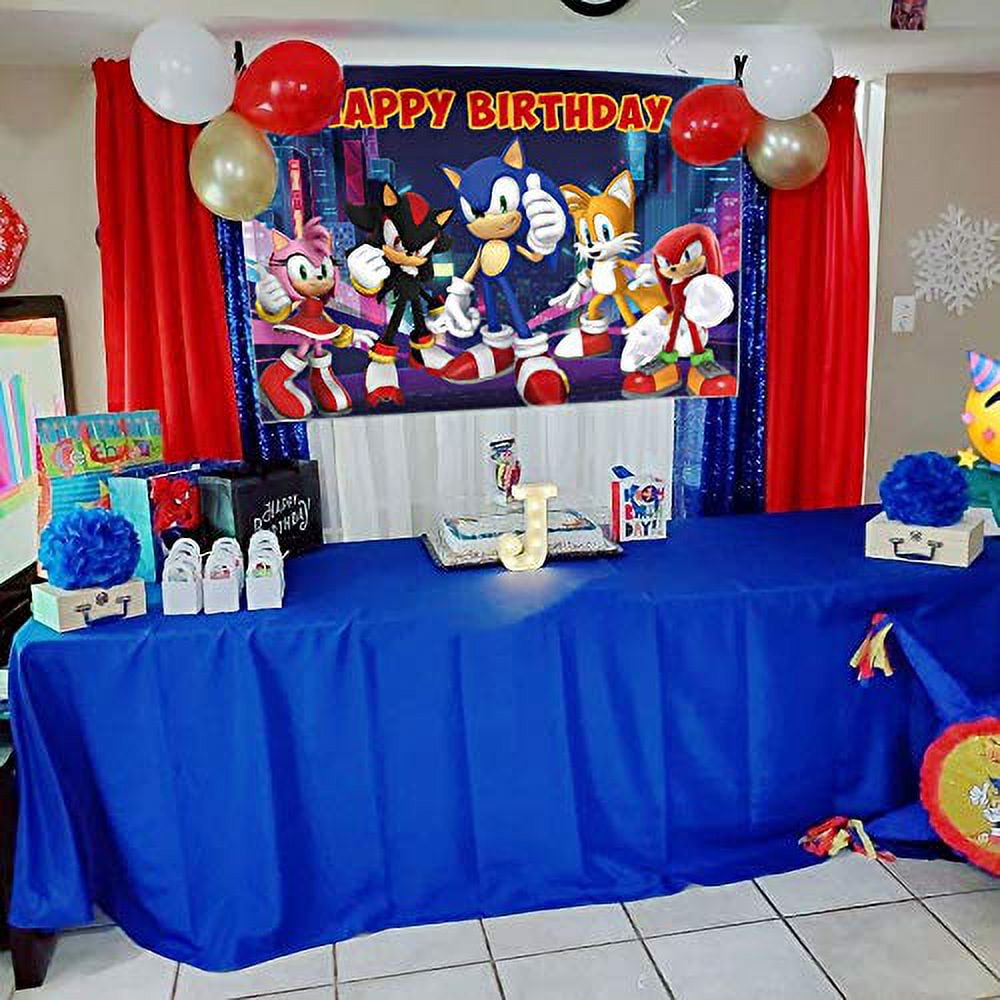 Sonic Hedgehog fundo de fotografia para crianças Happy Birthday Photo Booth  Studio adereços Blue Sonic Boom Desenho Desenho Montanha Super City Foto  cenário bolo banner de mesa Studio Booth 7x5ft