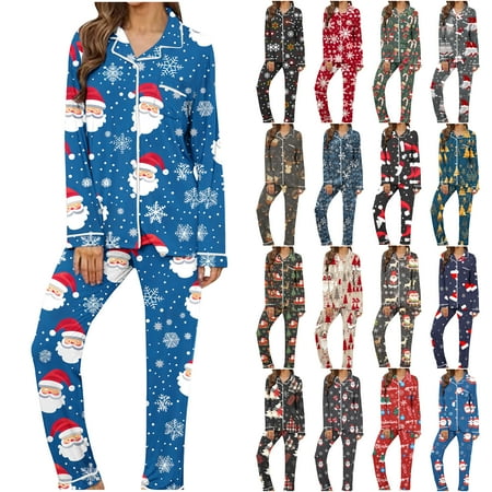 VBTAPA Women's Pajama Sets 2024 Christmas Pjs Xmas Printed Long Sleeve Button Down Shirts and Pants 2 Piece Sleepwear Set Matching Pj Lounge Sets with Pockets Cyber and Monday DealsMulticolor S