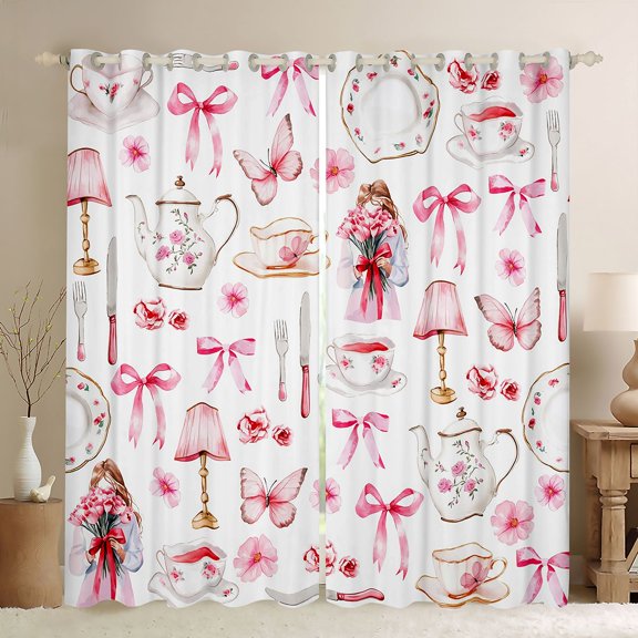 jejeloiu Pink Bowtie Ribbon Curtains Pack of 2 (42x84 Each),Romantic Valentine Gifts Curtains Blackout,Butterfly Flower Pattern Bedroom Curtains For Girls,Microfiber Bedroom Decor