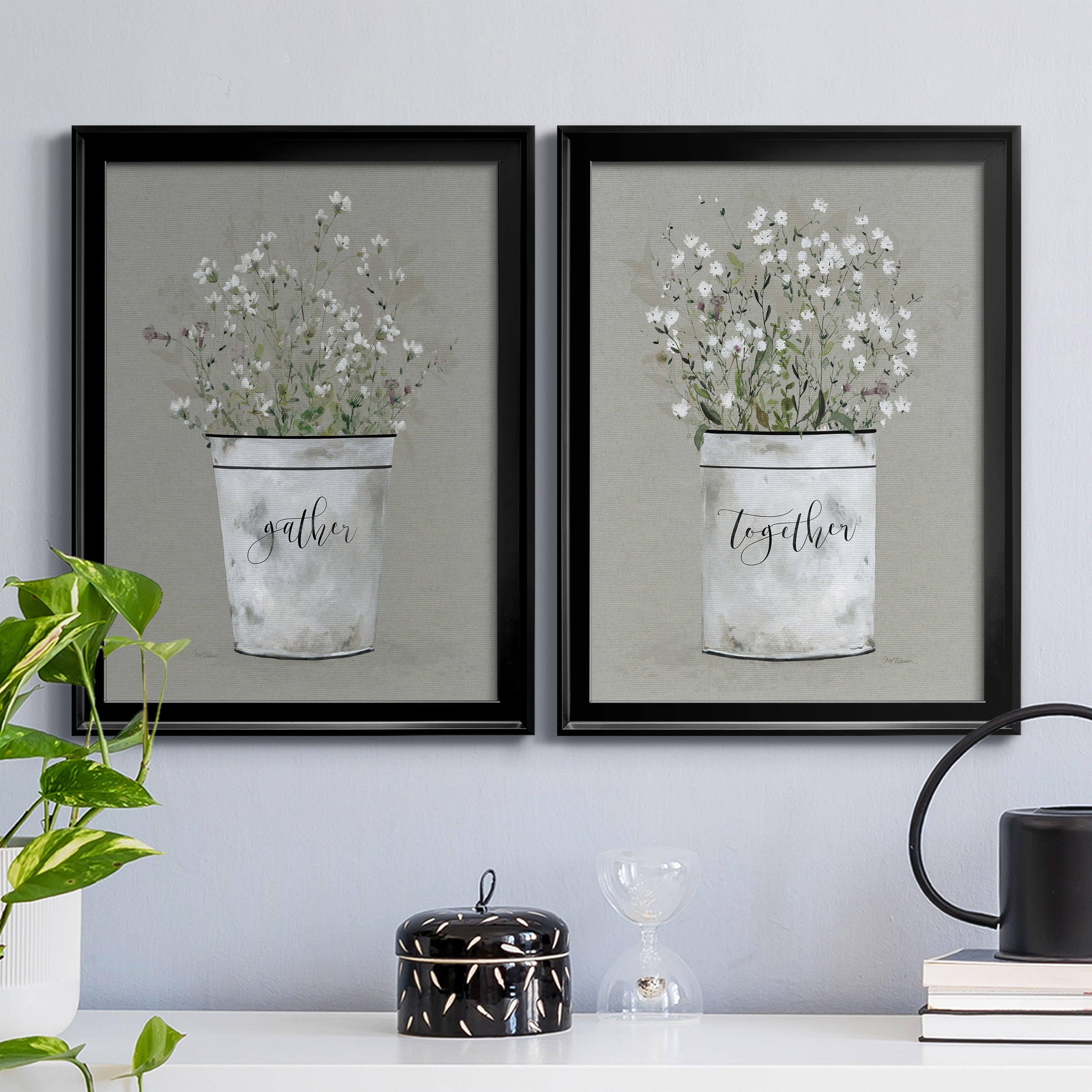 2 Piece Set Bouquet of Grace Bucket Gather Premium Framed Canvas - Ready to Hang - 22.5 x 30.5 Each - Black Frame