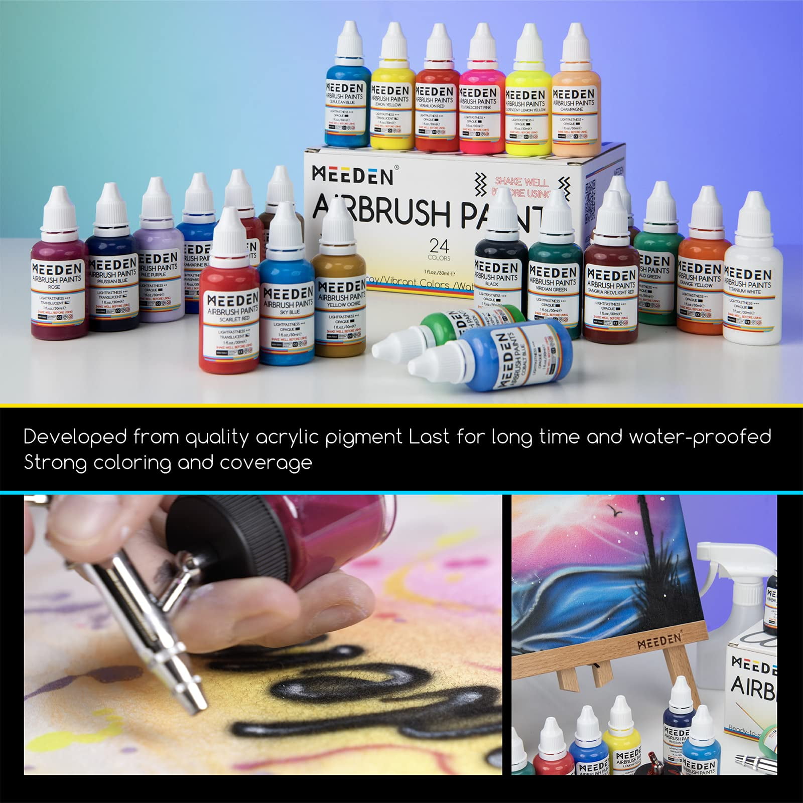 MEEDEN 24 Color Airbrush Paint, 1oz Non Toxic Acrylic Airbrush Paint Set for Painting in Art Supplies for Artists, Beginners and Students