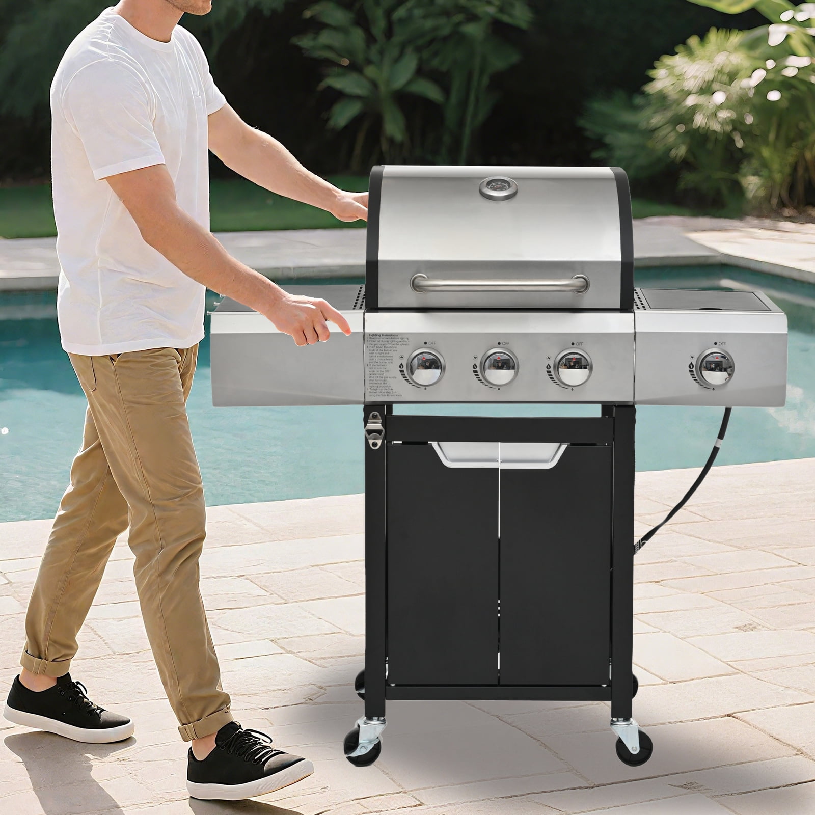 3 Burner Propane gas grill with side burner, Stainless Steel 40,500BTU Barbecue BBQ grills outdoor cooking for Backyard , Cast Iron Grates