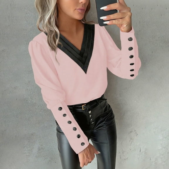 Craaazy Women's Casual Christmas Shirts V Neck Button Blouses Fall Winter Puff Long Sleeve Shirts Business Work Tops for Women