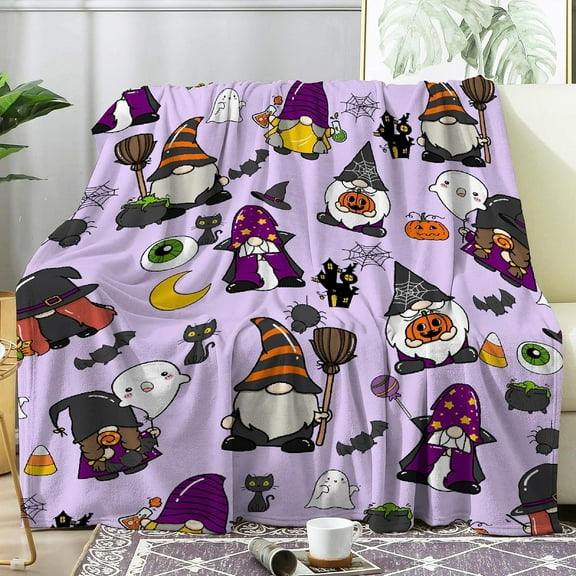 Halloween Gnome Blanket Gift for Boys Girls, Ghost Spooky Throw Blanket Gifts for Kids Bat Black Cats Decor Spider Webs Bat Plush Soft Lightweight Flannel Fleece Witch''s Hat Skull Blankets 50x40In