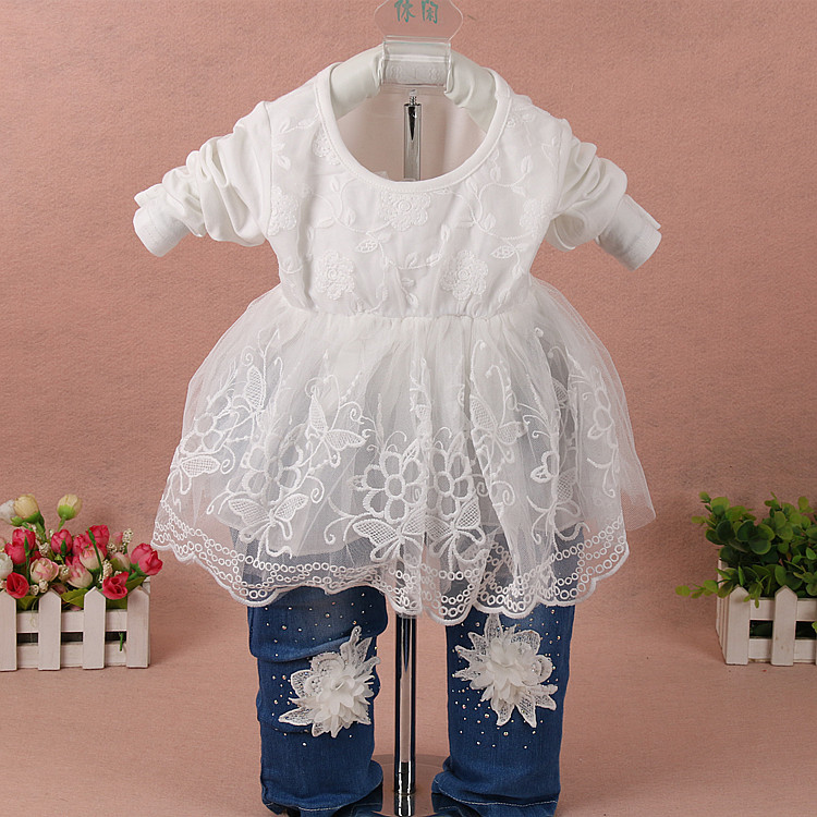 Peaoclate 6M-4Y Spring Autumn Infant Toddler Baby Girl Denim Clothing 3 pcs Sets 3 pcs Casual Outfits Lace Dress Jacket and Jeans,1-2Years,Flower-White