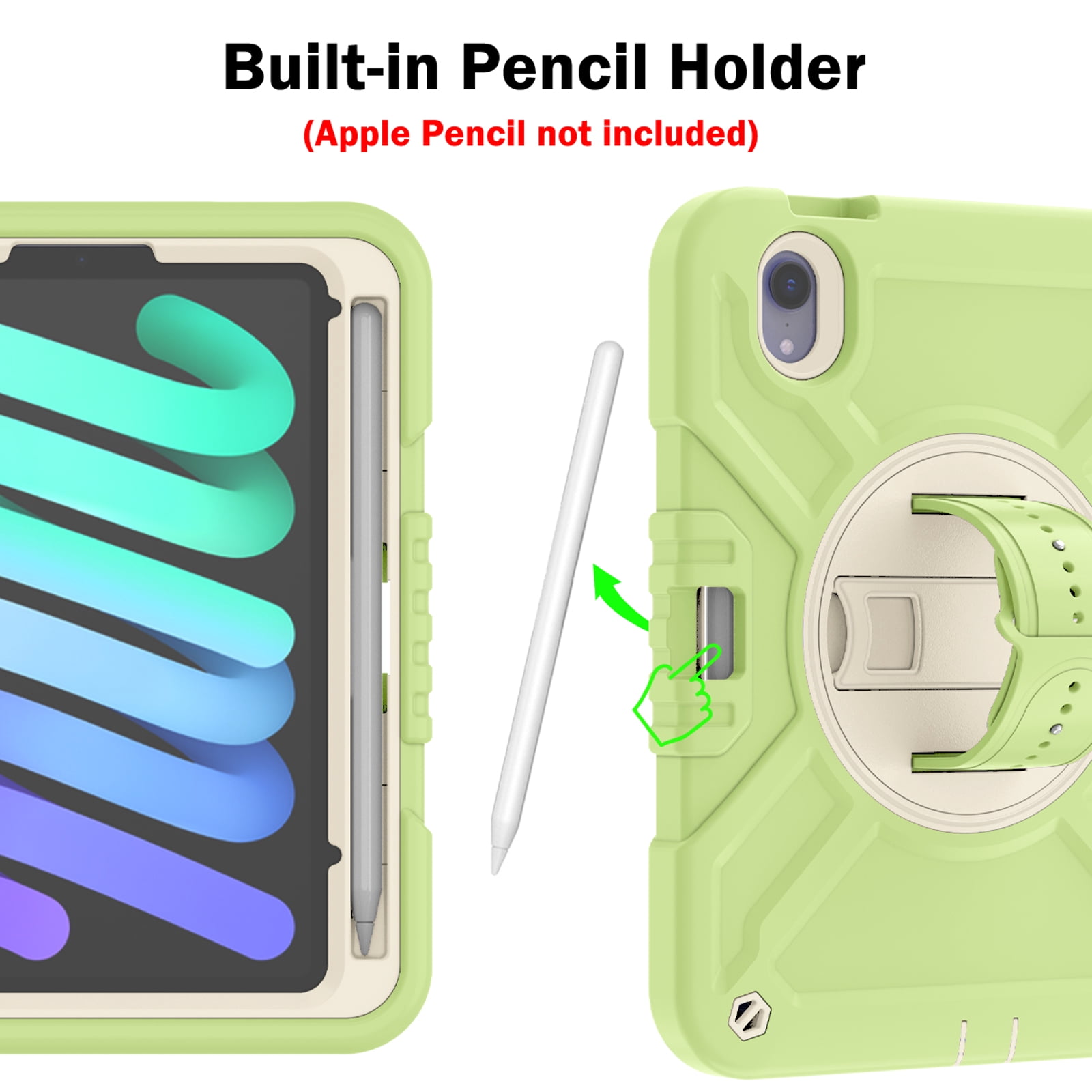 Dteck Case for iPad mini 7 (A17 Pro) 8.3 inch 2024/ iPad mini 6th Generation,Heavy Duty Rugged Drop Proof Shockproof Armor Case with Stand Pencil Holder Hand Strap Shoulder Strap,Green+White
