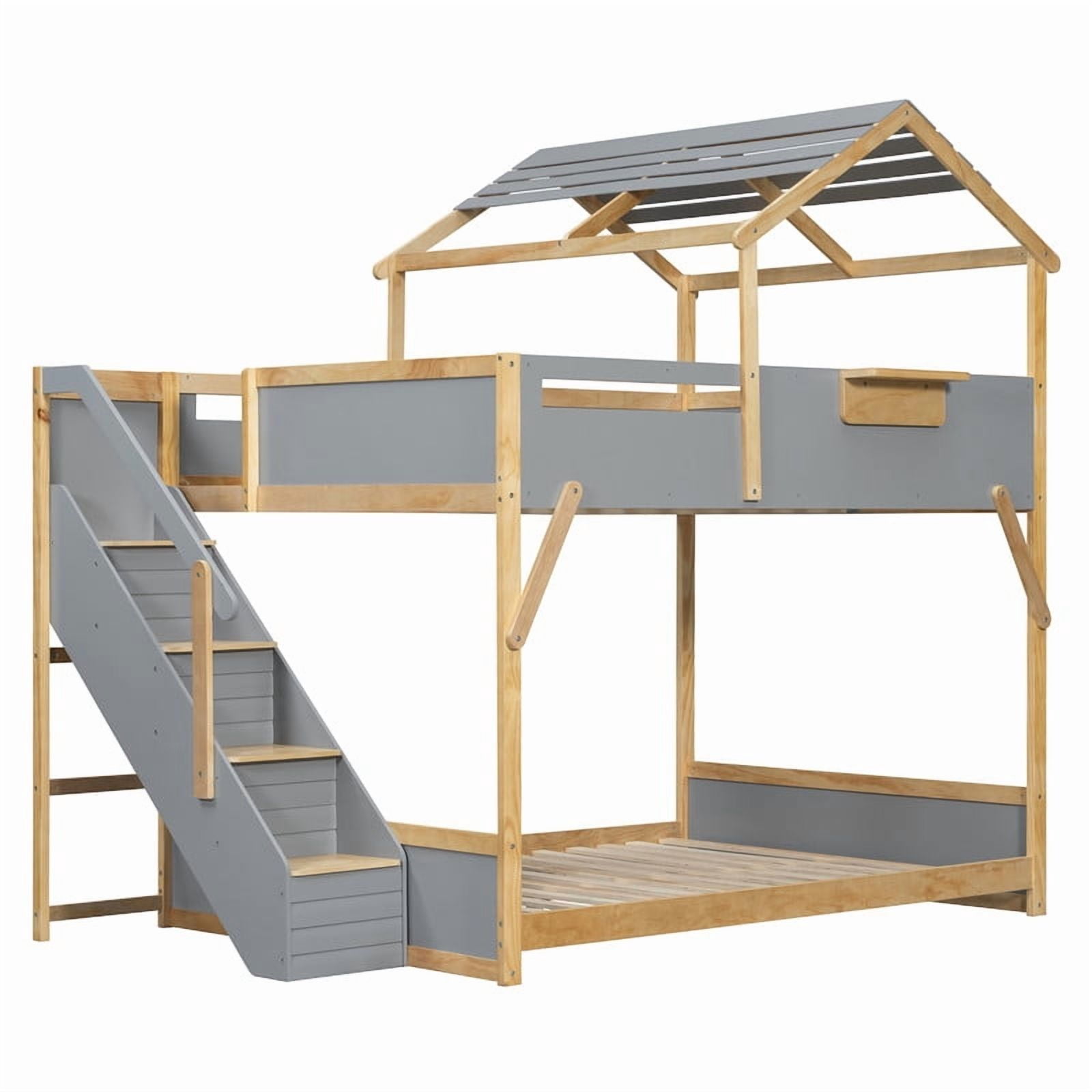 Full over Full House-Shaped Bunk Bed with Roof & Stairs, Kids Bed Frame with 3-Color LED Lights & Bedside Storage Shelf