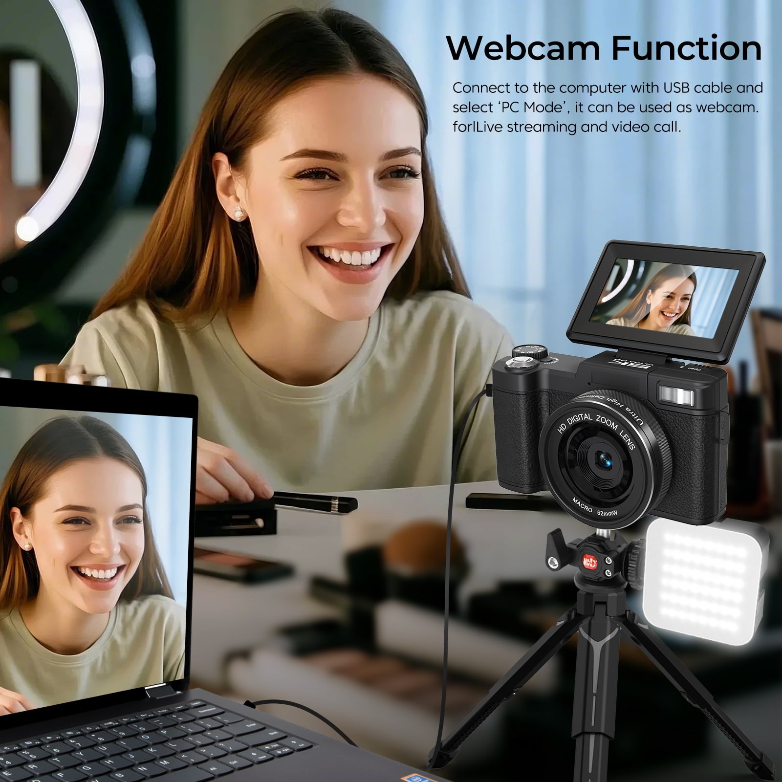 5K Vlogging Camera with WiFi 64MP 4K Digital Camera for Photography Vlog Camera with Flip Screen Video Camera for YouTube with Selfie Light, Desk Tripod, Batteries