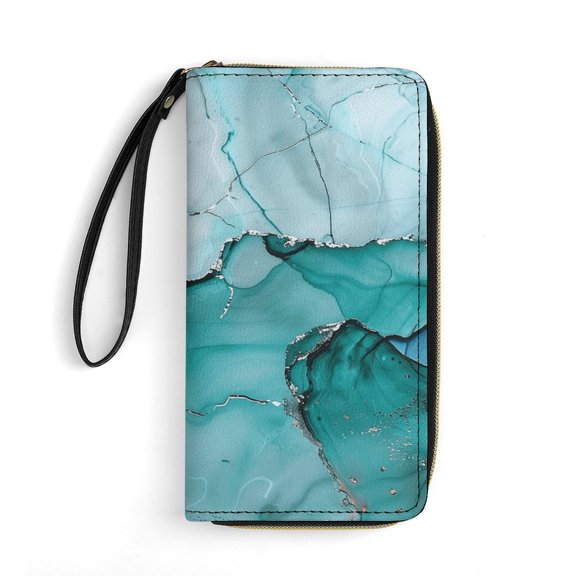 Womens Wallet Bifold Ladies Cluth Bag Wristlet Wrist Strap Long Purse Marble Pattern Blue Gold Design