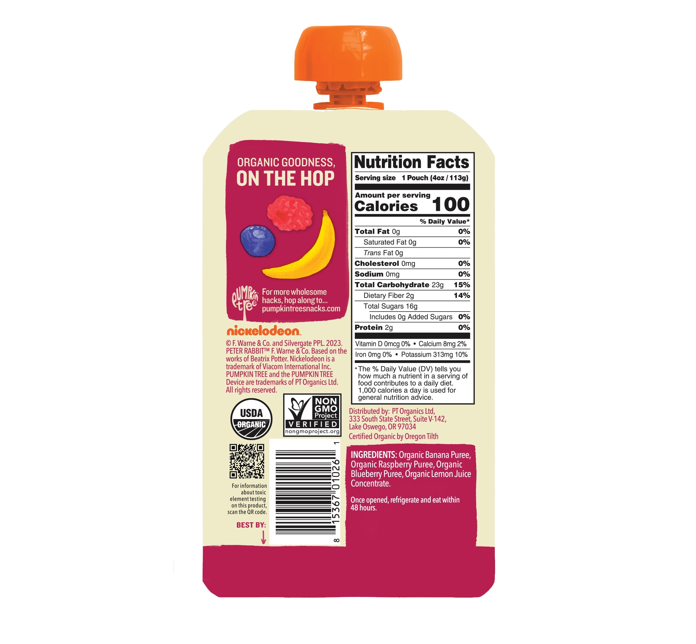 (12 pack) Peter Rabbit Banana, Raspberry & Blueberry Organic Fruit Puree, 4 oz Toddler Snack