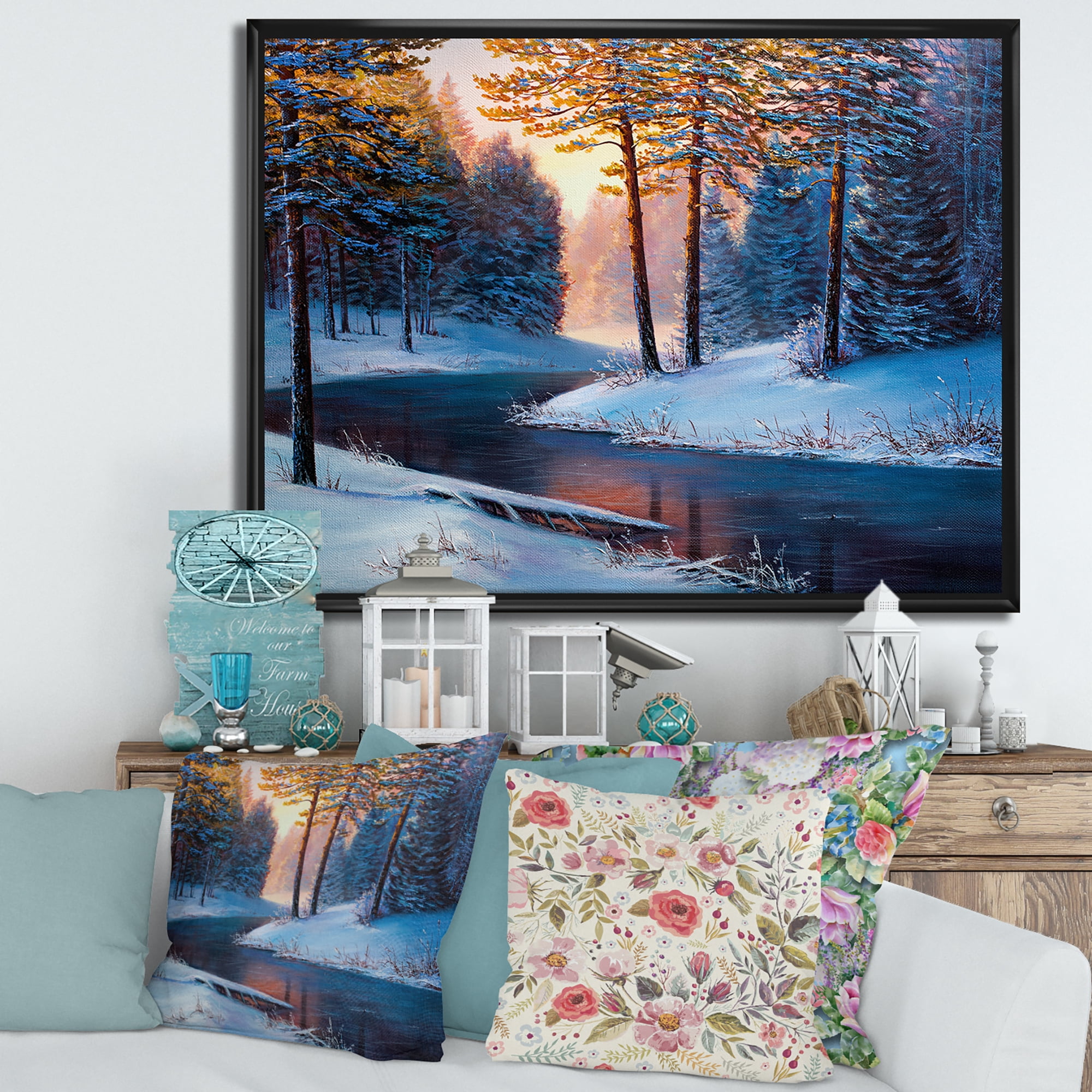 Designart 'Morning Glow Through The Christmas Forest By The River' Lake House Framed Canvas Wall Art Print