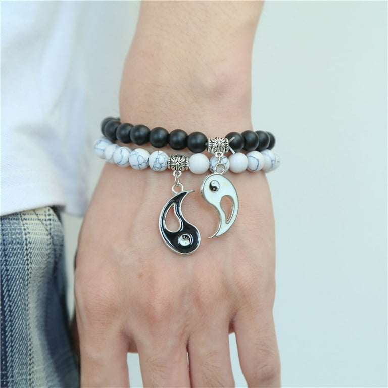 2Pcs Set Couples Distance Bracelet Classic White Black Yin Yang Beaded Bracelets