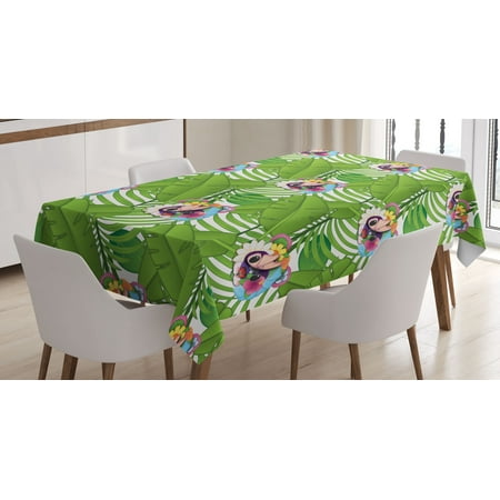 

Emoji Tablecloth Tropical Inspired Colorful Design Cartoon Butterfly with Flowers on Leafy Back Rectangular Table Cover for Dining Room Kitchen Decor 60 X 84 White Fern Green by Ambesonne