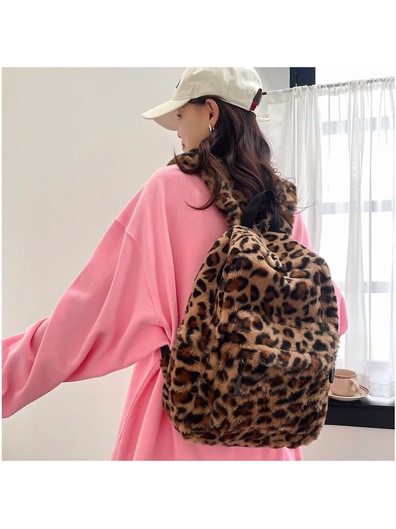 Fuzzy Cheetah Cute Backpack, Y2k Purse Fleece Chic Bookbag  display picture 3