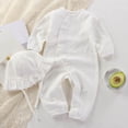 thumbnail image 2 of Kakishop Newborn Baby Girl Boy Ruffle Romper Knit Sweater Onesie Jumpsuit Long Sleeve Romper + Hat Solid Fall Winter Outfits (White,0-3 Months), 2 of 6