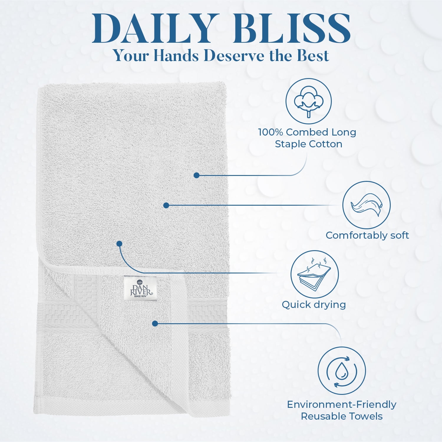 Dan River Hand Towel pack of 6 Quick Dry And Absorbent Cotton Towels for Bathroom - White 16x28in
