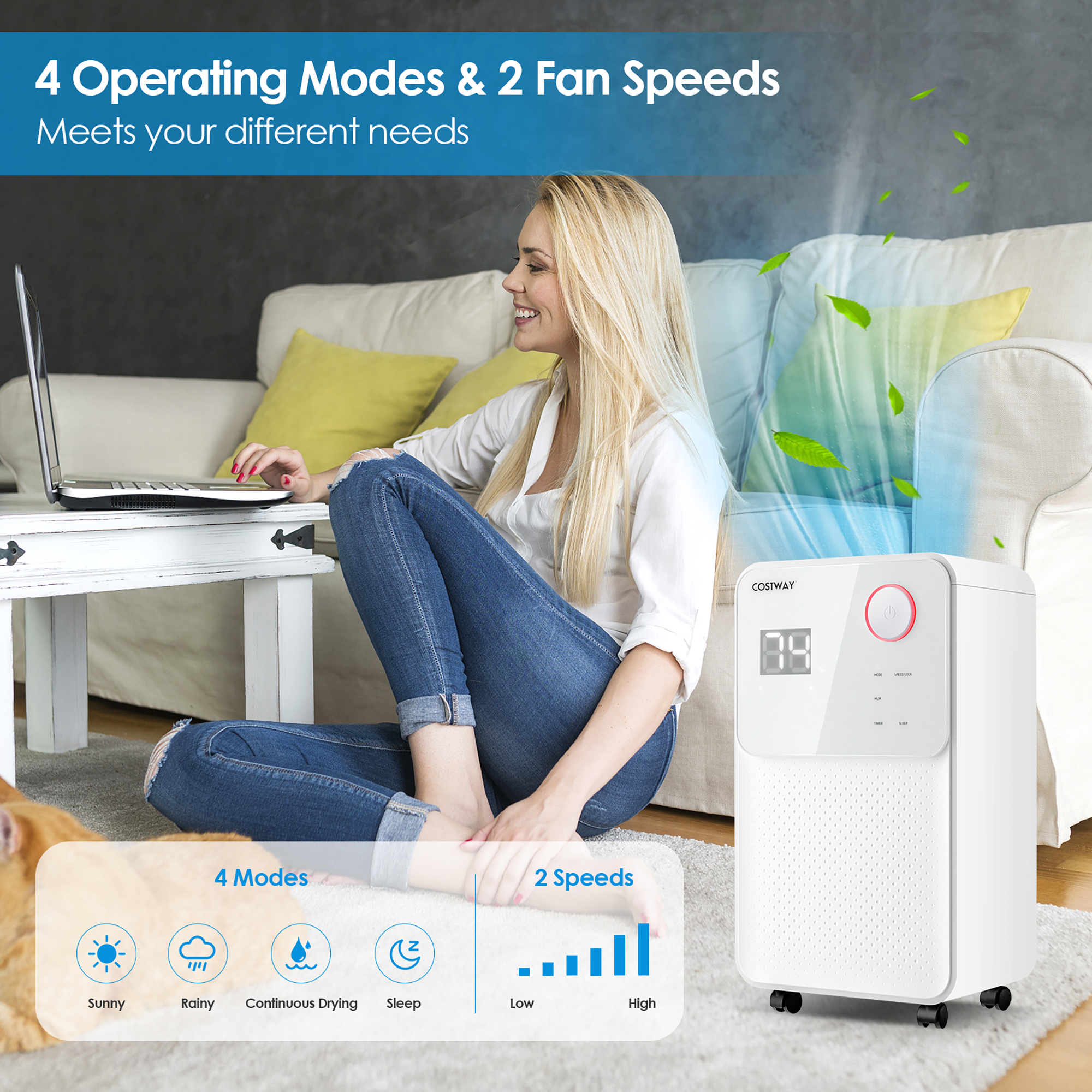 Costway 9-Pint(DOE) Dehumidifier with 3-Color Digital Display 2,000 Sq. ft Coverage Area (MAX 32Pint at 95°F, 90%RH)