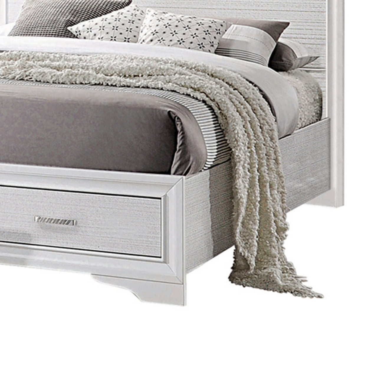 Contemporary Eastern King Bed with Drawers and Glittering Stripes White - Saltoro Sherpi