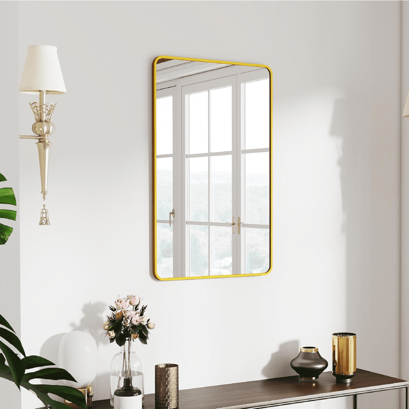 AUROMIR 20"x28" Bathroom Mirror Wall-Mounted Vanity Mirror with Rectangular Metal Frame, Gold