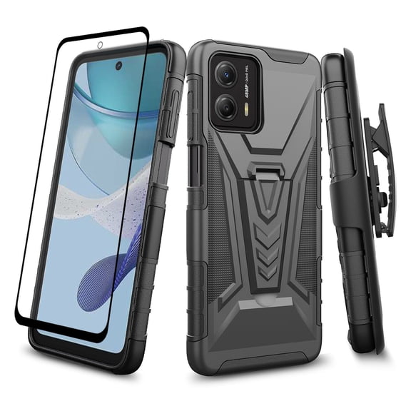 SPY CASE for Moto G Power 5G 2023 Case with Tempered Glass Screen Protector Hybrid Cover with Kickstand Phone Belt Clip Holster - Black