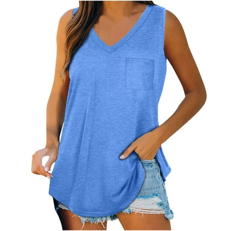 

Womens Solid Color Sleeveless V-Neck Pocket Sleeveless Sling Top Skinny Fit Street Wear Halter Camisole Corset Tops For Women Blue XL