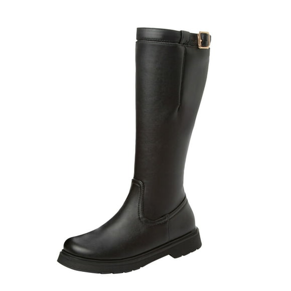 WEAIXIMIUNG Brown Booties Women Ladies Fashion Solid Color Leather Belt Buckle Decorative Side Zipper Flat Bottom Long Boots