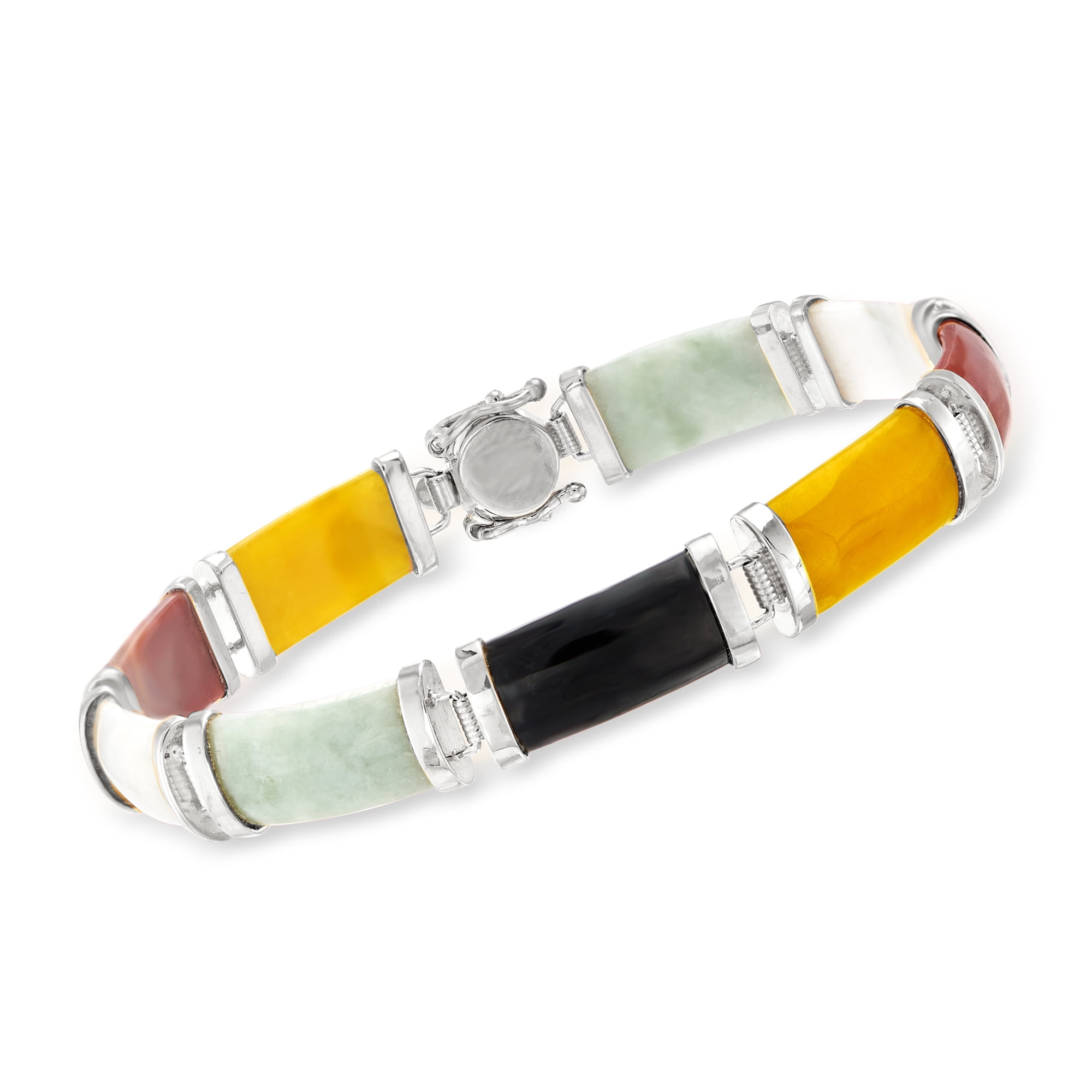 Ross-Simons Multicolored Jade "Good Fortune" Bracelet in Sterling Silver, Women's, Adult