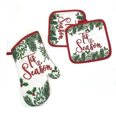 Merry Christmas Holy Berries Pine Mistle Toe "Tis The Season" Oven Mitt and Pot Holder Holiday Set