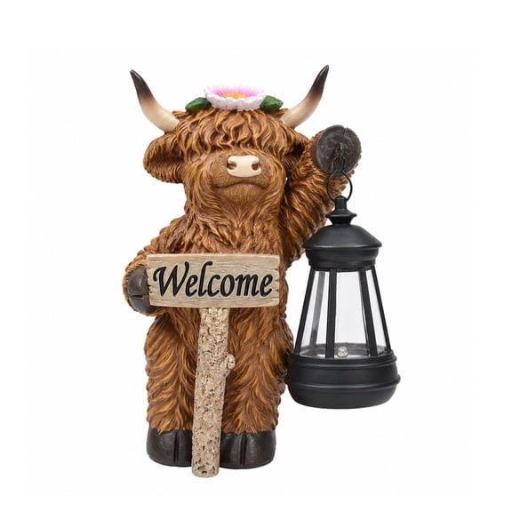 Solar Highland Cow Welcome Garden Statue with LED Lantern, Resin Outdoor Decor for Patio, Yard, Porch & Walkway