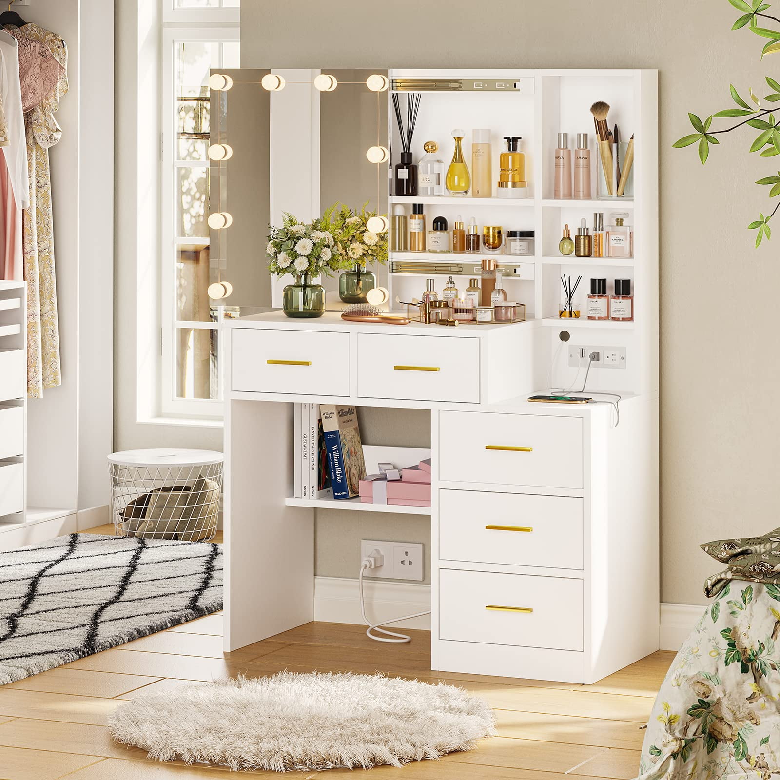 Makeup Vanity Table with Sliding Mirror,Vanity Desk with Hidden Storage  Shelves and 5 Drawers,Modern Vanity Table with Mirror for Bedroom,White 